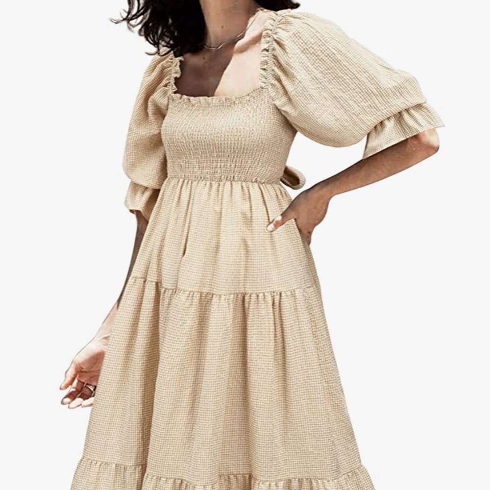 Women's Puff Sleeve Smocked Gingham Bow Tie Flowy Cottagecore Midi Dress - Picture 2 of 7
